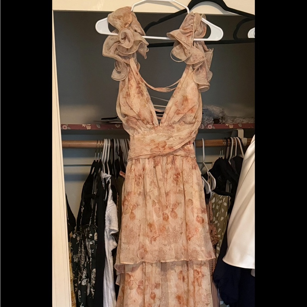 Vici Peach Floral Ruffle Maxi Dress